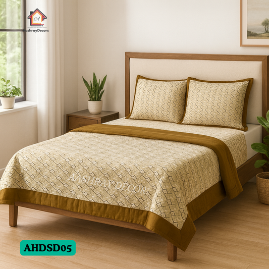 Cotton Reversible Double Bed Dohar – Mustard & Beige Elegance | AC Blanket for All Seasons (Queen)