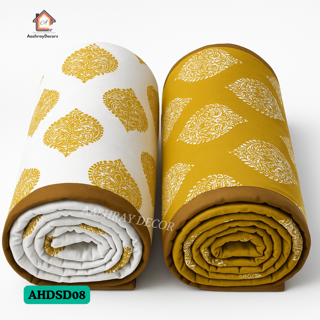 Reversible Cotton Double Bed Dohar – Mustard & White
