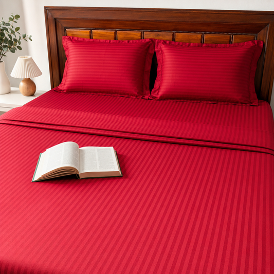 Red Striped 100% Cotton King Bedsheet Set with 2 Pillow Covers | 300 TC | AD10