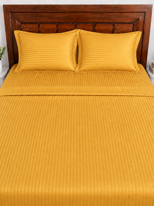 AD11 - Mustard Striped 100% Cotton King Bedsheet Set | 300 TC |