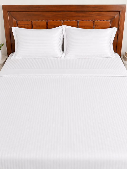 AD12 | White Striped 100% Cotton King Bedsheet Set | 300 TC |