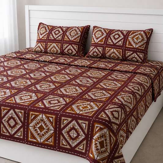 AD33 | 100% Cotton Double Bed Bedsheet with 2 Pillow Covers | King Size (275 x 275 cm) | Ethnic Geometric Block Print in Brown & Mustard |