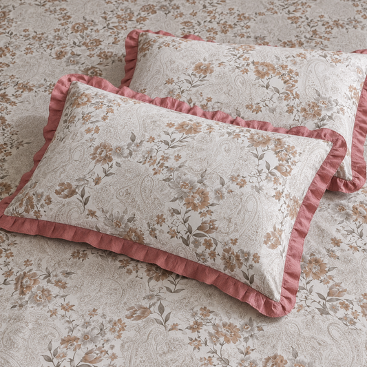 AD35 | Vintage Vines – 100% Cotton King Size Bedsheet Set | Paisley Floral Print | With 2 Frill Pillow Covers |