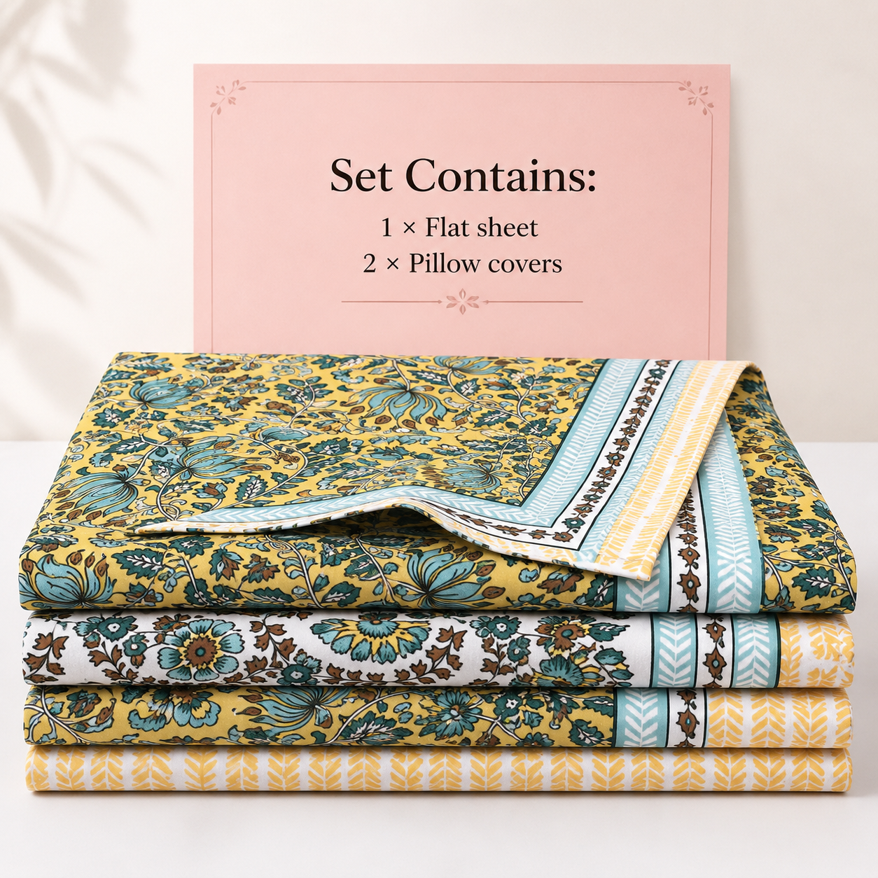 AD38 | Premium Cotton King Size Bedsheet with 2 Pillow Covers | Mustard Yellow Floral Print | Soft & Breathable