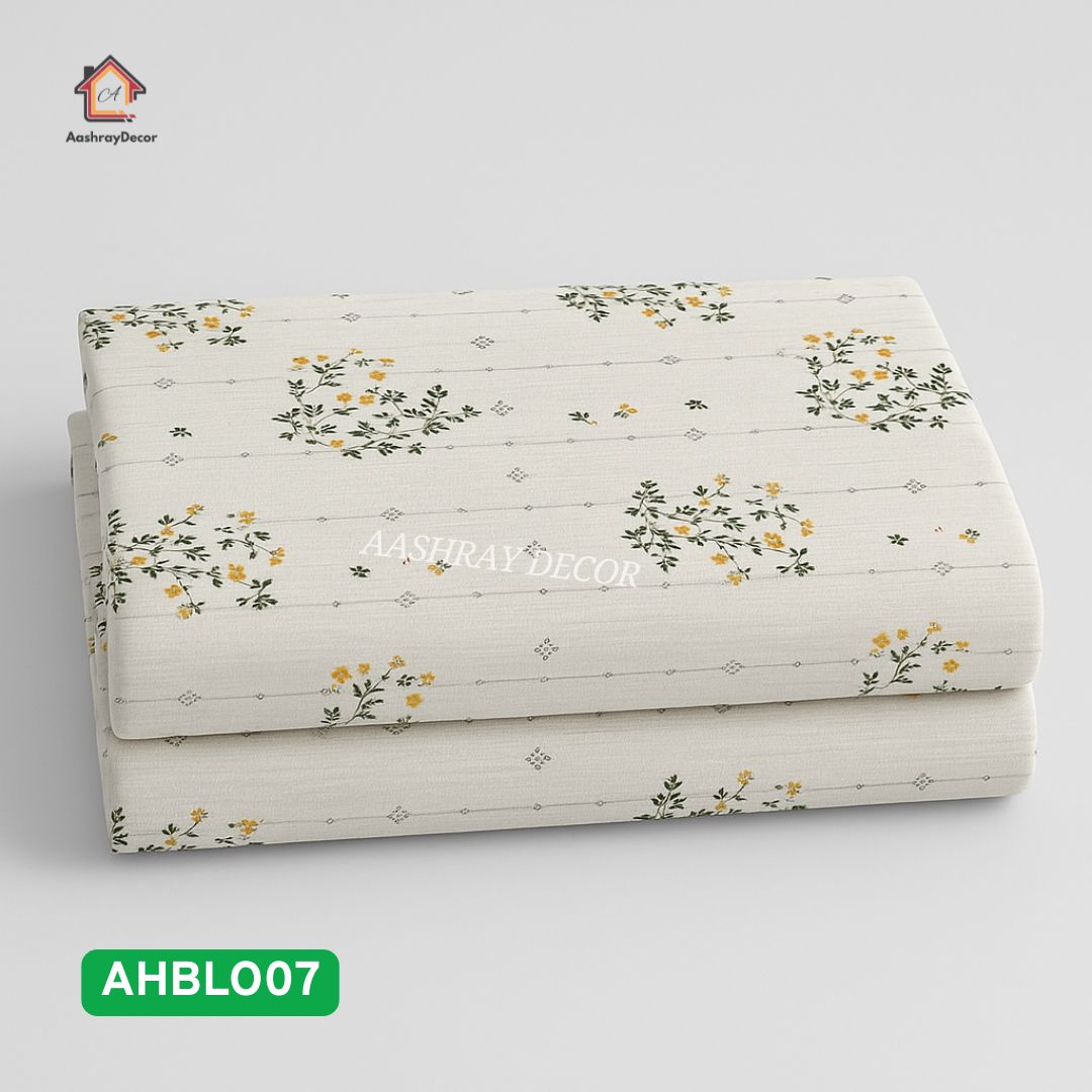 King Size Cotton Printed Bedsheet | Off-White Base with Small Floral Design | Contrast Pillow Covers | Elegant & Soft Finish
