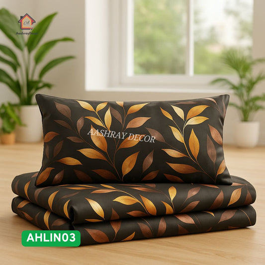 100% Pure Cotton King Size Bedsheet | Earthy Leaf Print on Charcoal Black Base | 275x275 cm | AHLIN03 | Premium Luxury Look