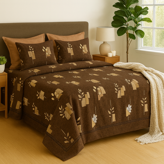 Rustic Brown Leaf Patch – Pure Cotton Super King Bedsheet 108 x 120 inches Super King Size | AHPO13
