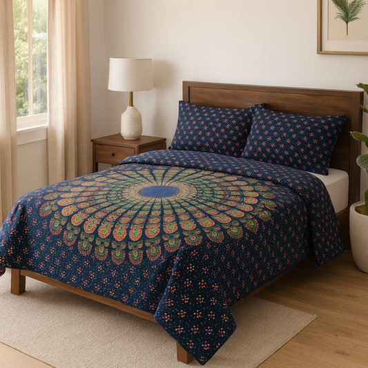 Blue Mandala Hand Block Printed Cotton Bedsheet Set – Double Bed (100×108 inches) | 2 Pillow Covers | 100% Pure Cotton | JAIMAN03