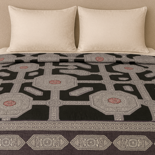 Elegant Mandala Block Print Queen Size Cotton Bedsheet – Black & Maroon | Aashray Decor | AHST15