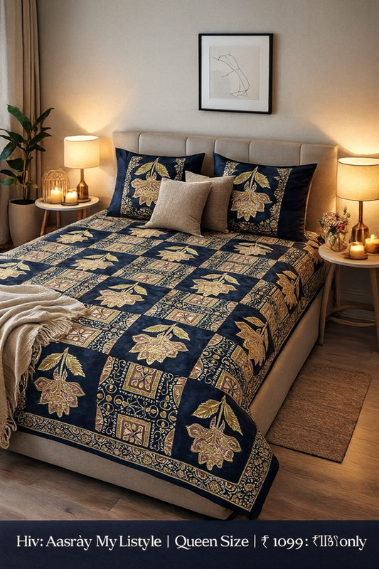 Nivriti Premium 100% Cotton Queen Size Bedsheet – Indigo Gold Floral Motif (90×108 inches)
