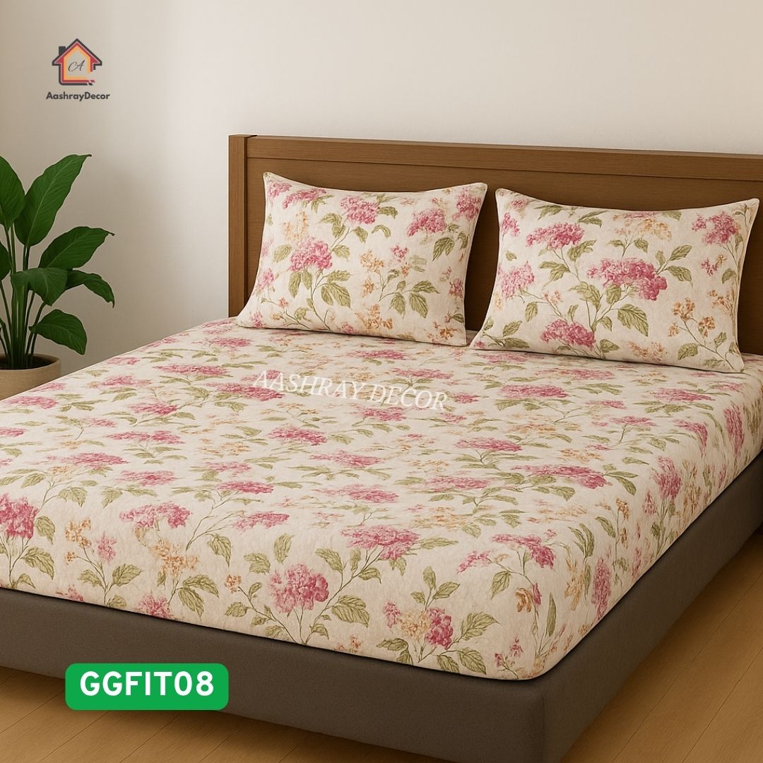 100% Pure Cotton Fitted Bedsheet with Elastic – Floral Print | Anti-Shrink | Color-Lock Finish | 275x275 cm