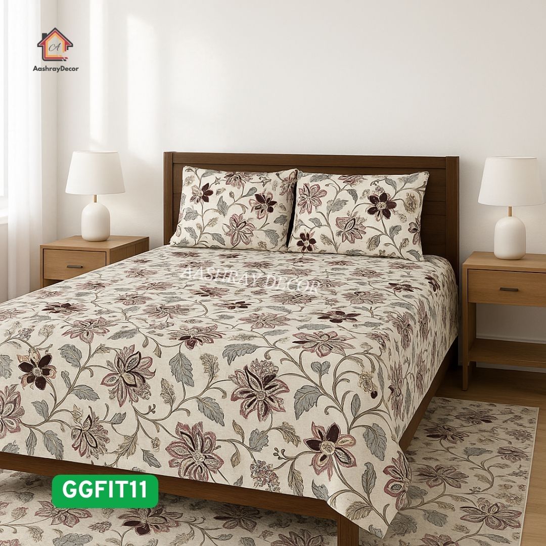 Plum Petals 100% Pure Cotton Fitted Bedsheet – Premium Elastic, Anti-Shrink, Fade-Proof Floral Print (275x275 cm)