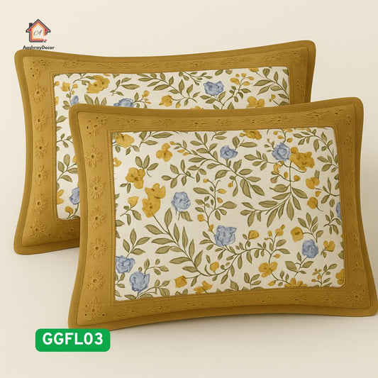 Golden Garden – 100% Cotton King Size Bedsheet Set | Mustard Floral Border | 300 TC | With 2 Lace Pillow Covers