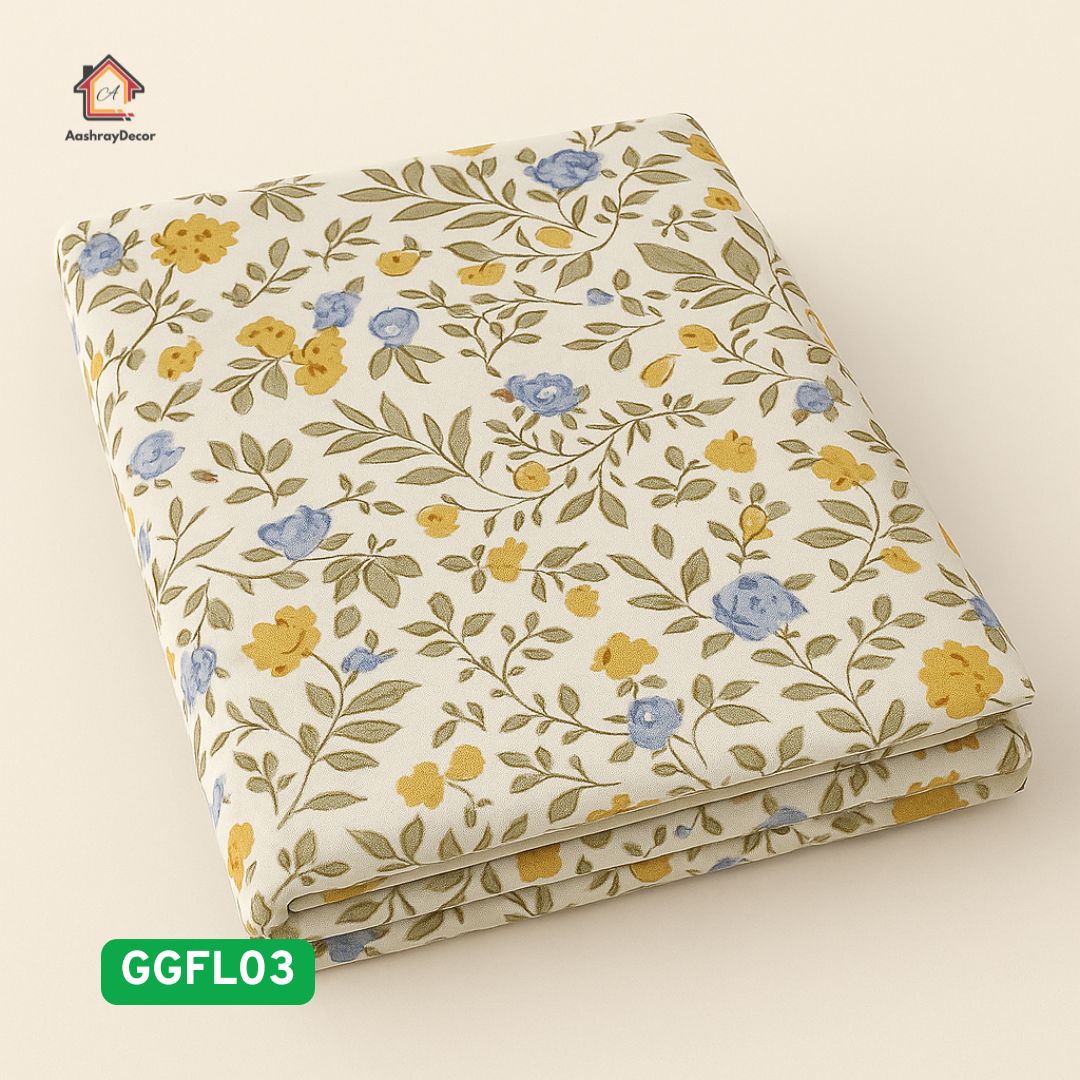 Golden Garden – 100% Cotton King Size Bedsheet Set | Mustard Floral Border | 300 TC | With 2 Lace Pillow Covers