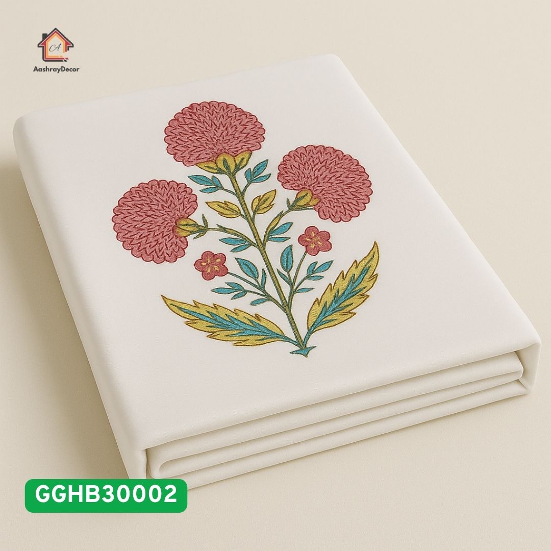 Premium 100% Cotton Handblock Printed Flat Bedsheet – 300 TC, Floral Design, White with Pink Flowers & Leaves – Size 275x275 cm | Pillow Covers Included |