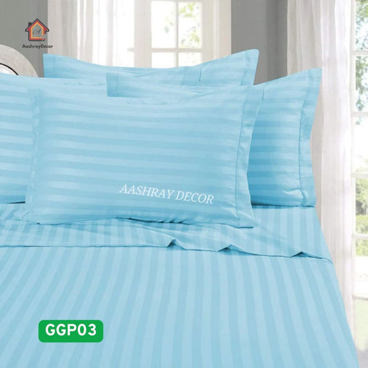Light Blue Striped 100% Cotton King Bedsheet Set | 300 TC | GGP03