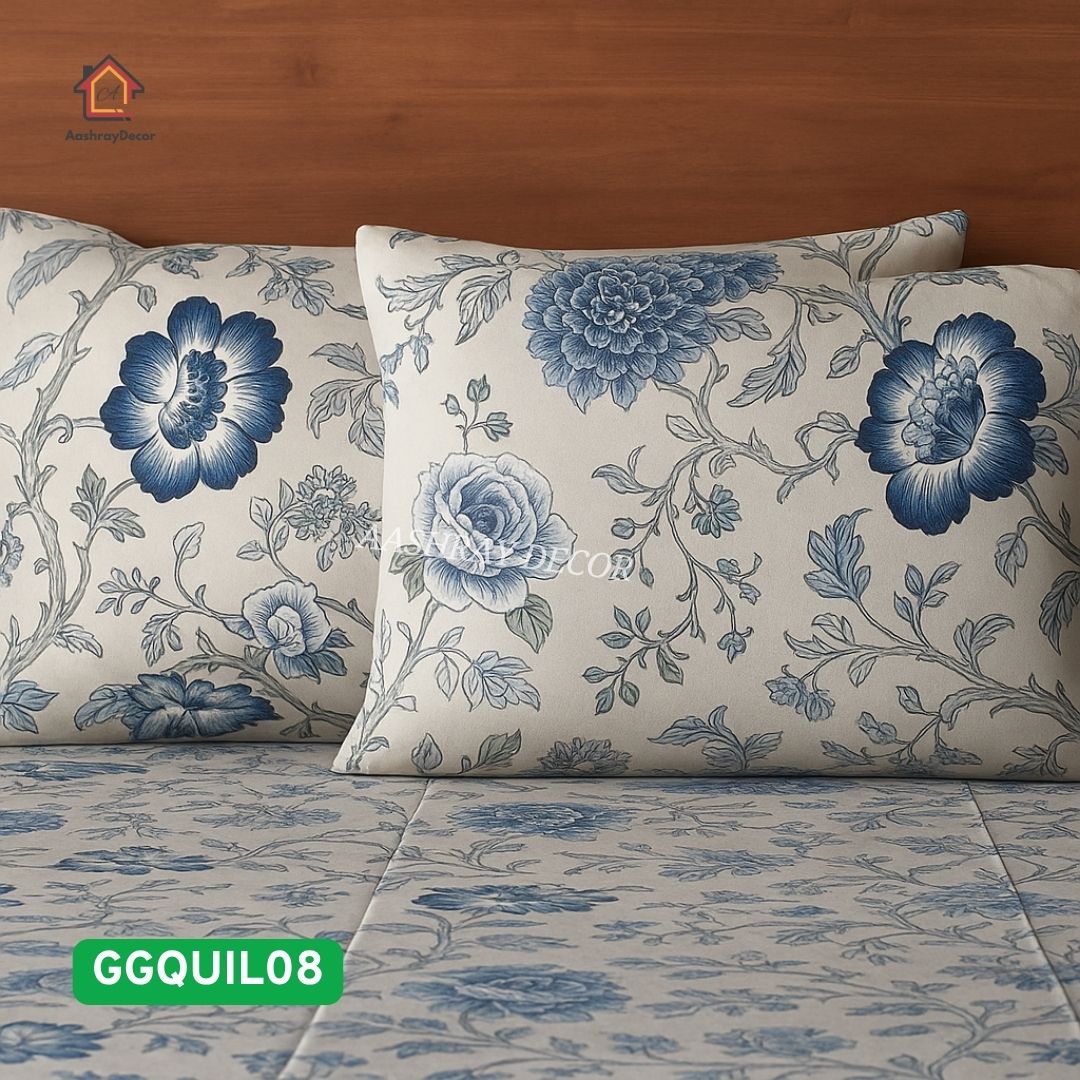 Premium 100% Cotton Flat Bedsheet with Quilted Floral Pillow Covers – Light Beige & Blue, Size 275x275 cm (Code: GGQUIL08)