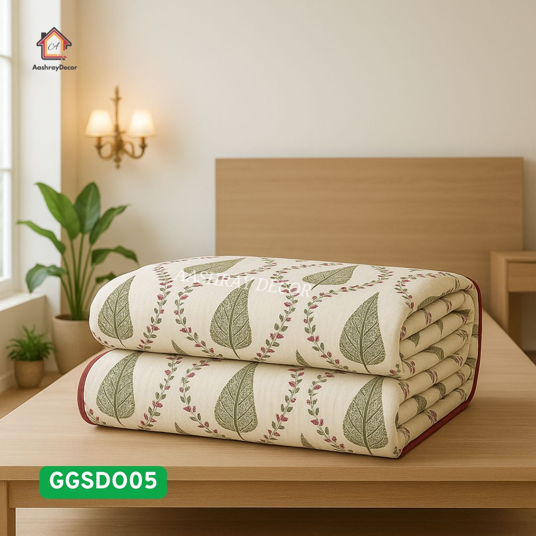 2-Piece Reversible Cotton Dohar Set | 300 GSM | Green Leaf Print | AC Blanket