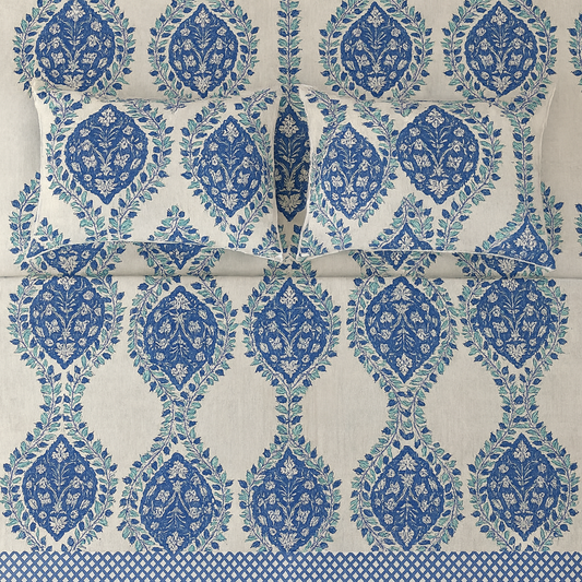 108×108 Pure Cotton King Size Bedsheet | GULDASTA Collection – Blue Royal Vine Motif | JAIBP05