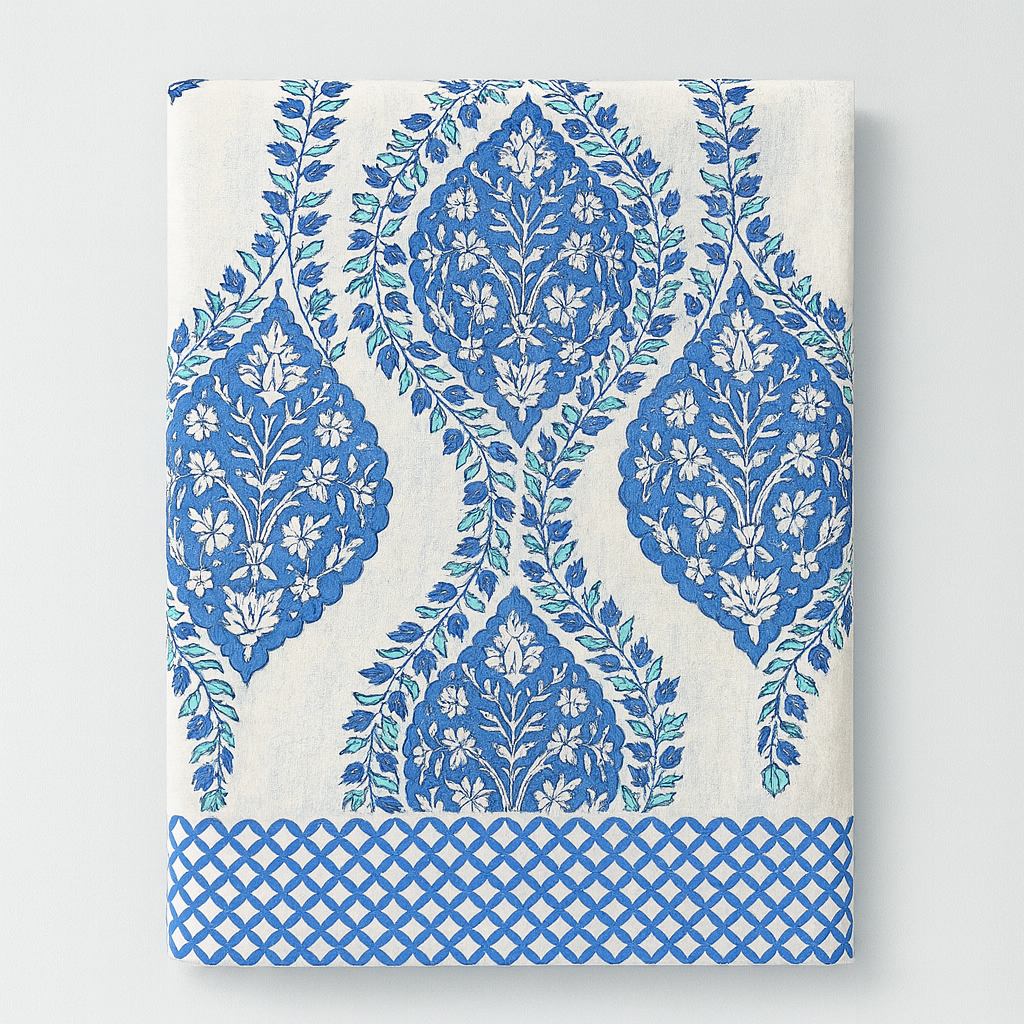 108×108 Pure Cotton King Size Bedsheet | GULDASTA Collection – Blue Royal Vine Motif | JAIBP05