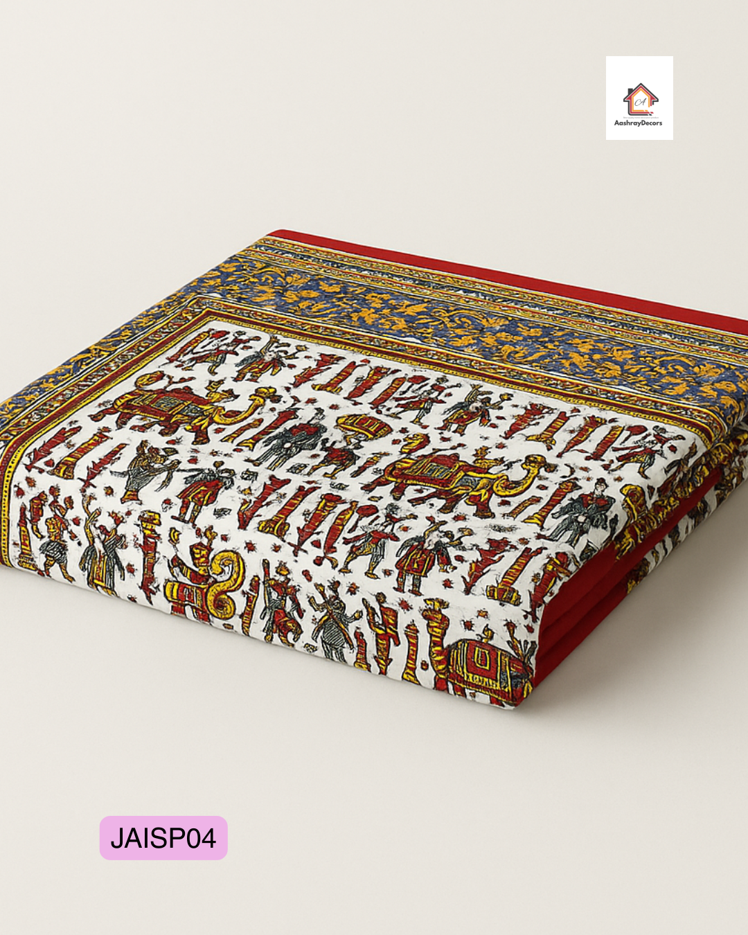 Royal Rajasthani Elephant Print Cotton Double Bedsheet – 90x108 (With 2 Pillow Covers) | JAISP04