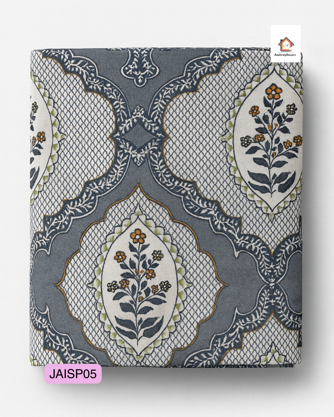 JAALIKA – Grey Floral Heritage Pure Cotton Double Bedsheet (90×108) with 2 Pillow Covers | JAISP05