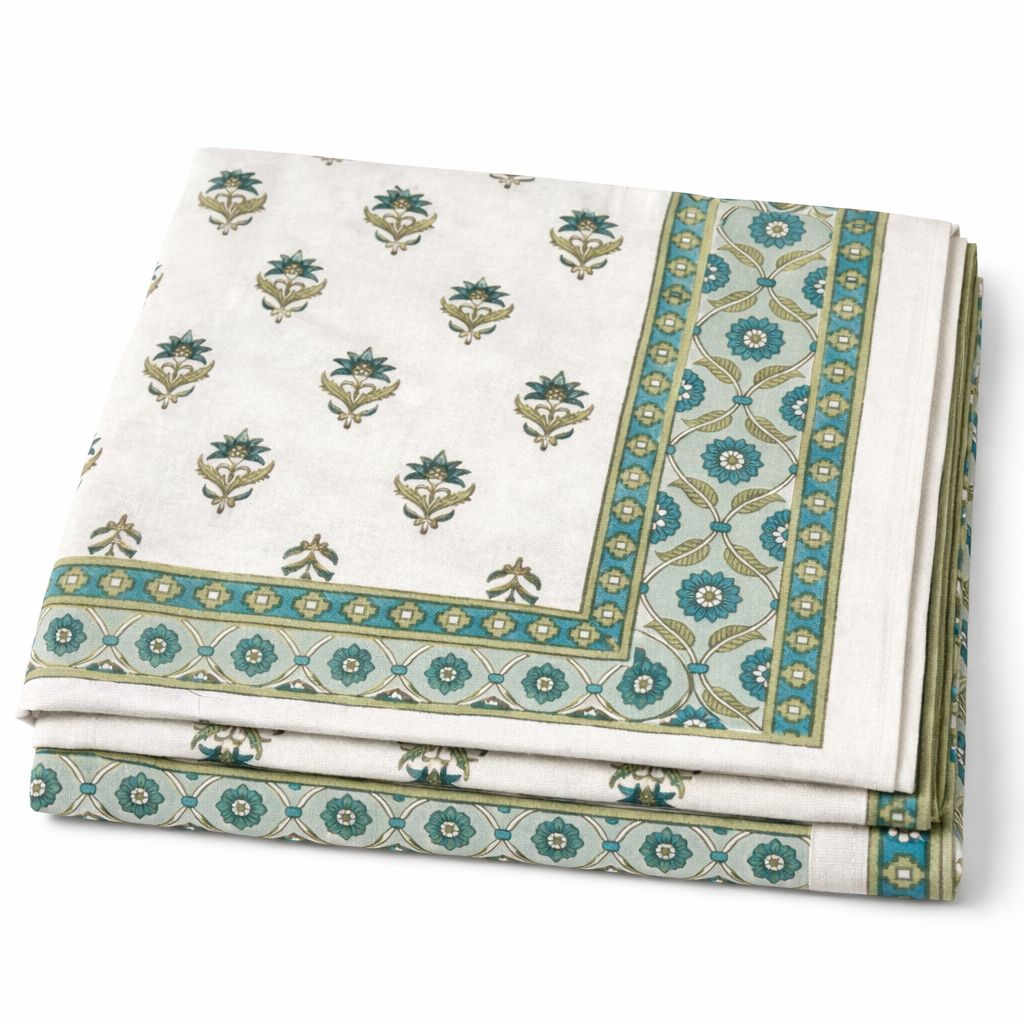 Aashray Decor King Size Pure Cotton Bedsheet Set – Teal Green Jaipuri Floral Print with Zipper Pillow Covers | JP05