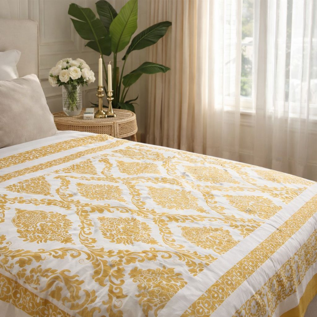 Aashray Decor JP06 – King Size Pure Cotton Bedsheet Set – Mustard Yellow Jaipuri Print with Zipper Pillow Covers