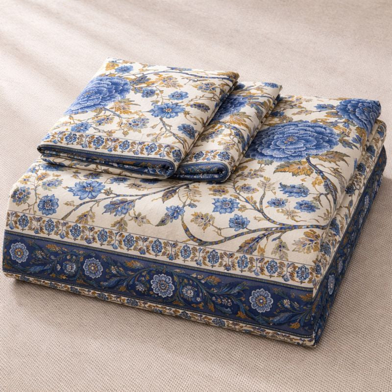 Aashray Decor JP10 – King Size Pure Cotton Bedsheet Set – Royal Blue Floral Jaipuri Print with Zipper Pillow Covers