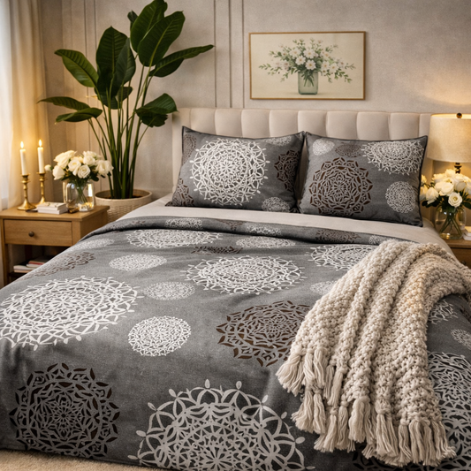 Aashray Decor Pure Cotton King Size Bedsheet Set – Elegant Grey Mandala Jaipuri Print (JP30)