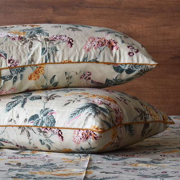Premium 100% Cotton Flat Bedsheet Set with Floral Print and Quilted Pillow Covers – Light Beige with Yellow Flowers (Size: 275x275 cm) | Code: GGQUIL06