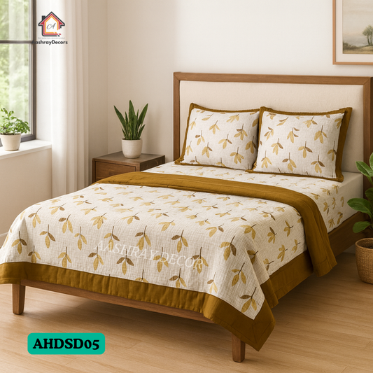 Cotton Reversible Double Bed Dohar – Mustard & Beige Elegance | AC Blanket for All Seasons (Queen)
