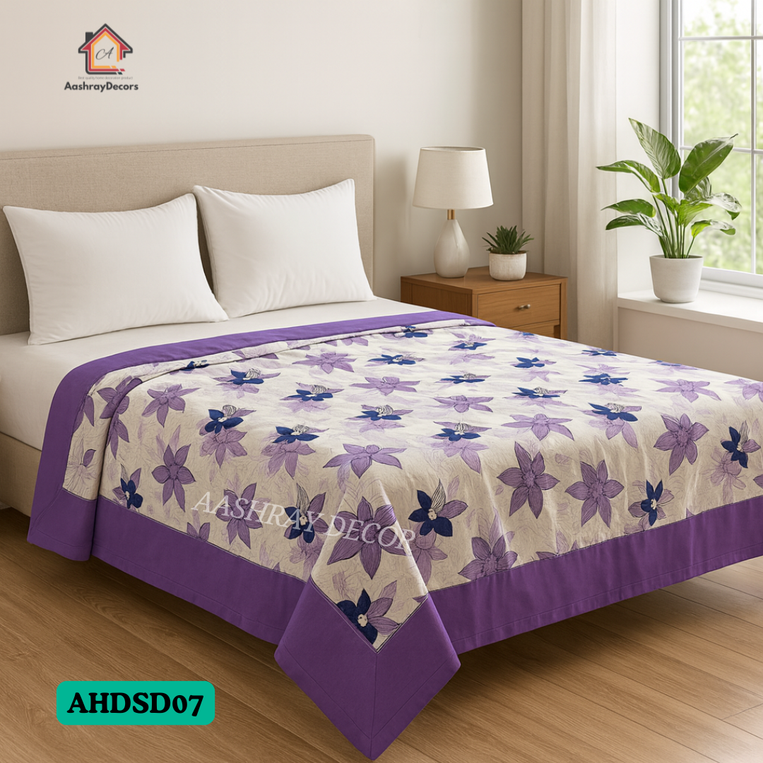 Cotton Reversible Double Bed Dohar – Purple Floral & Striped Prints | 100% Cotton AC Blanket | Queen Size 90x100 inch