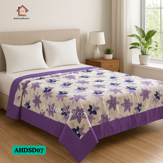 Cotton Reversible Double Bed Dohar – Purple Floral & Striped Prints | 100% Cotton AC Blanket | Queen Size 90x100 inch