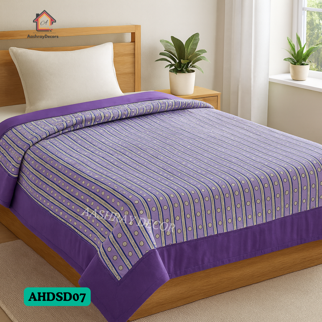 Cotton Reversible Double Bed Dohar – Purple Floral & Striped Prints | 100% Cotton AC Blanket | Queen Size 90x100 inch