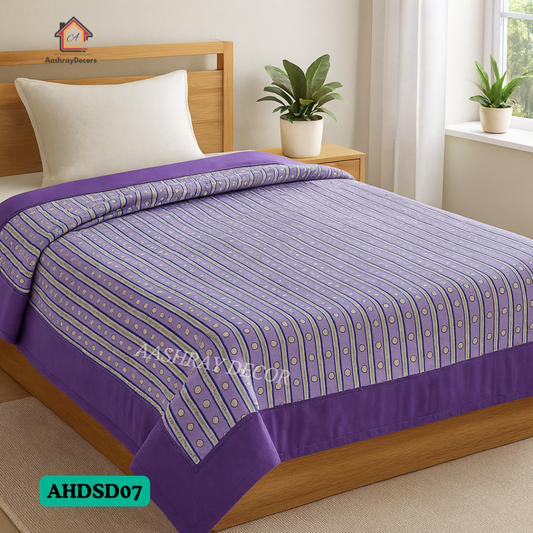 Cotton Reversible Double Bed Dohar – Purple Floral & Striped Prints | 100% Cotton AC Blanket | Queen Size 90x100 inch