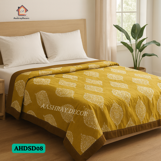 Reversible Cotton Double Bed Dohar – Mustard & White