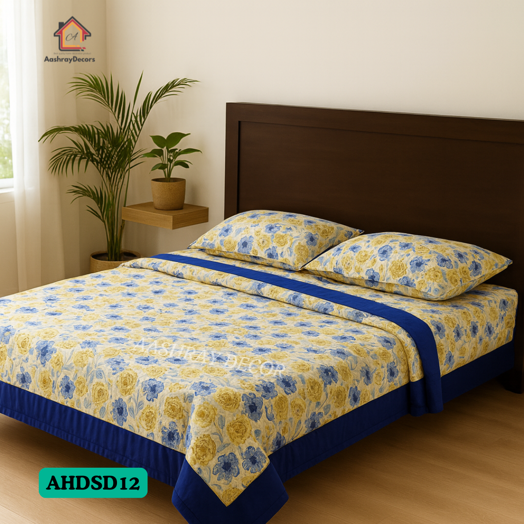 Cotton Reversible Double Bed Dohar | Blue floral & sky leafy designs | Lightweight, breathable