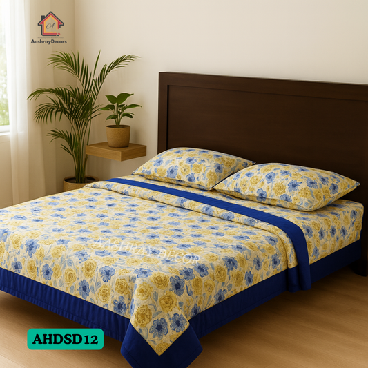 Cotton Reversible Double Bed Dohar | Blue floral & sky leafy designs | Lightweight, breathable