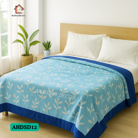 Cotton Reversible Double Bed Dohar | Blue floral & sky leafy designs | Lightweight, breathable