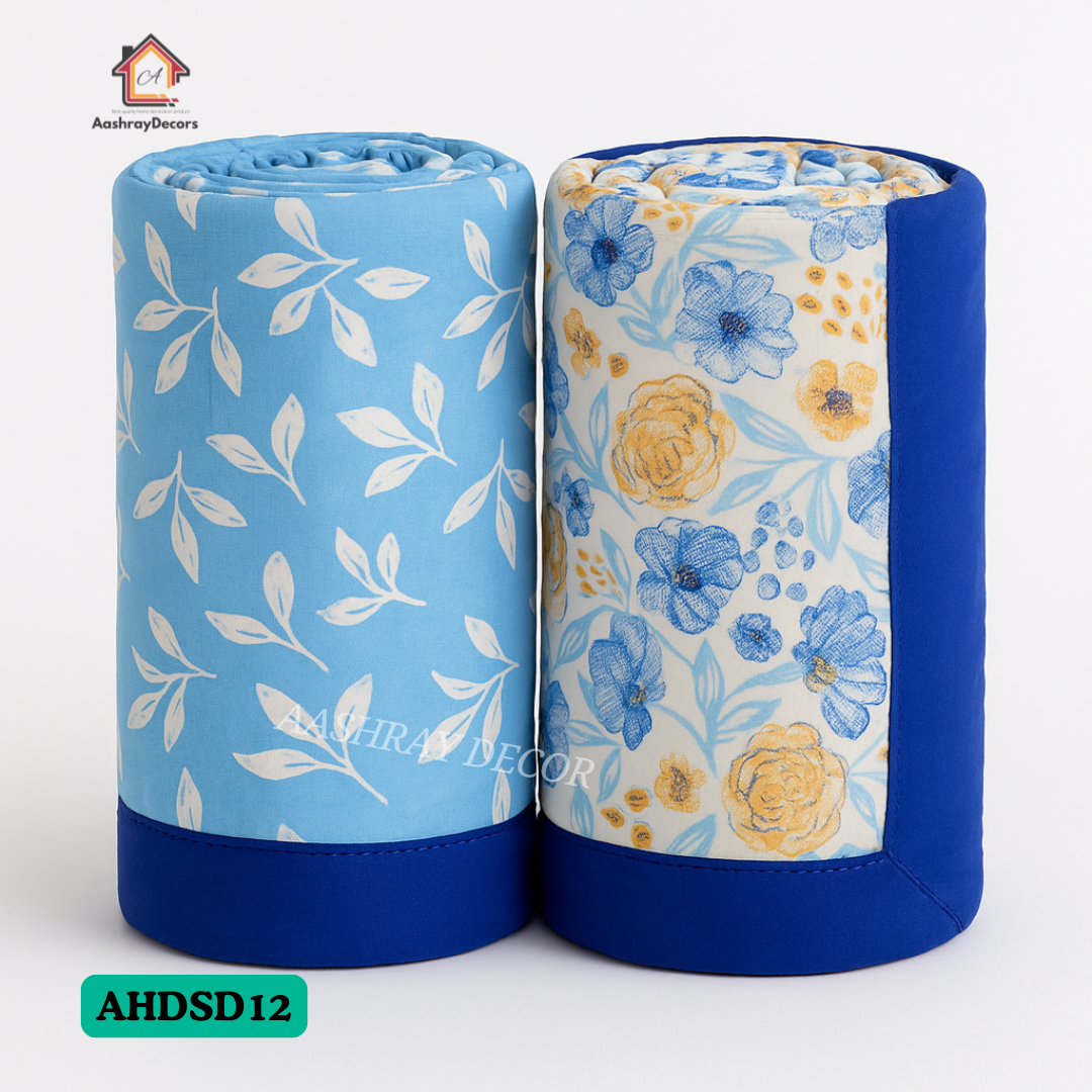 Cotton Reversible Double Bed Dohar | Blue floral & sky leafy designs | Lightweight, breathable