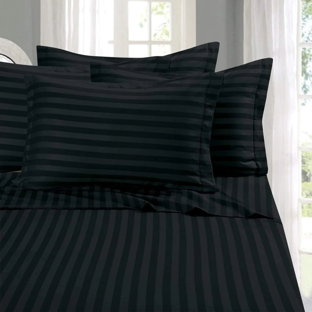 Black Striped 100% Cotton King Bedsheet Set | 300 TC | GGP06