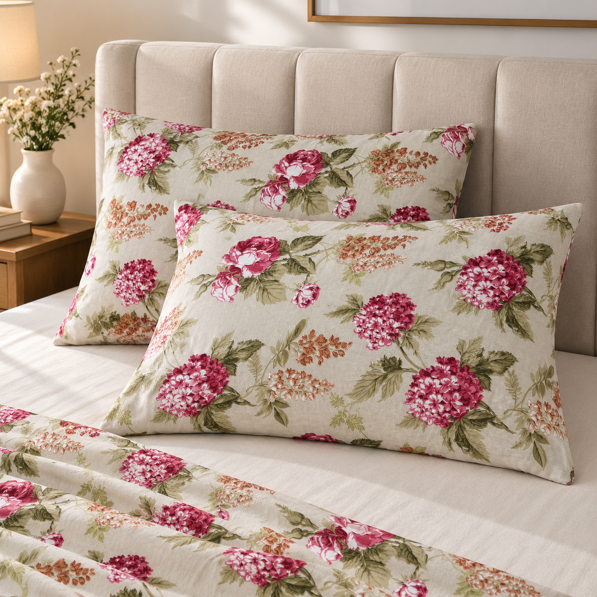 Rose Hydrangea Floral Fitted Bedsheet with 2 Pillow Covers | AD106