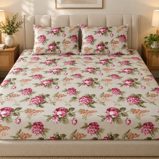 Rose Hydrangea Floral Fitted Bedsheet with 2 Pillow Covers | AD106
