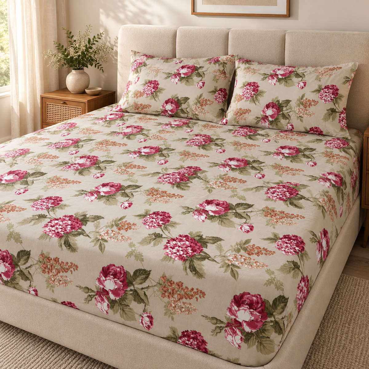 Rose Hydrangea Floral Fitted Bedsheet with 2 Pillow Covers | AD106