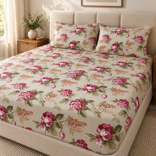 Rose Hydrangea Floral Fitted Bedsheet with 2 Pillow Covers | AD106