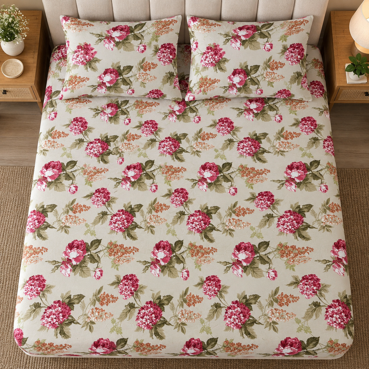 Rose Hydrangea Floral Fitted Bedsheet with 2 Pillow Covers | AD106