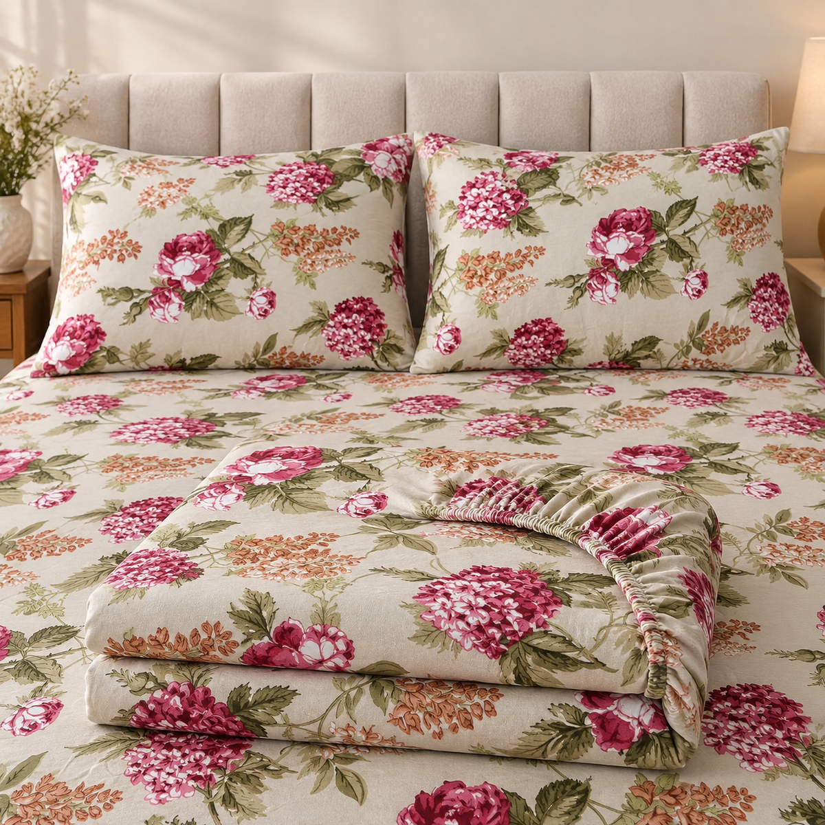 Rose Hydrangea Floral Fitted Bedsheet with 2 Pillow Covers | AD106