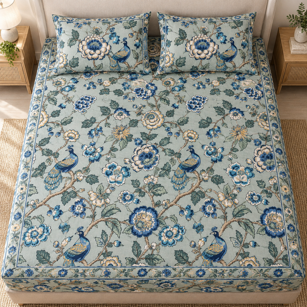 Peacock Garden Premium Fitted Bedsheet – AD107