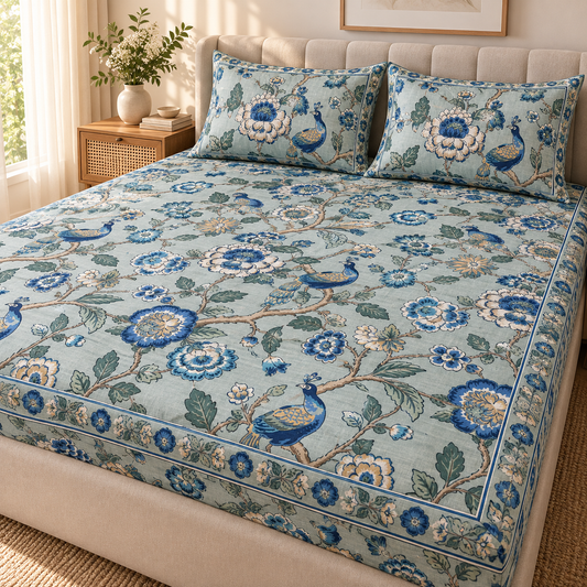 Peacock Garden Premium Fitted Bedsheet – AD107